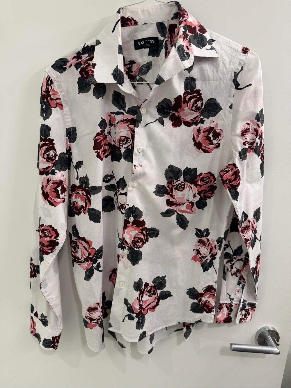 Express White Button-Up Shirt with Pink & Black Rose Print